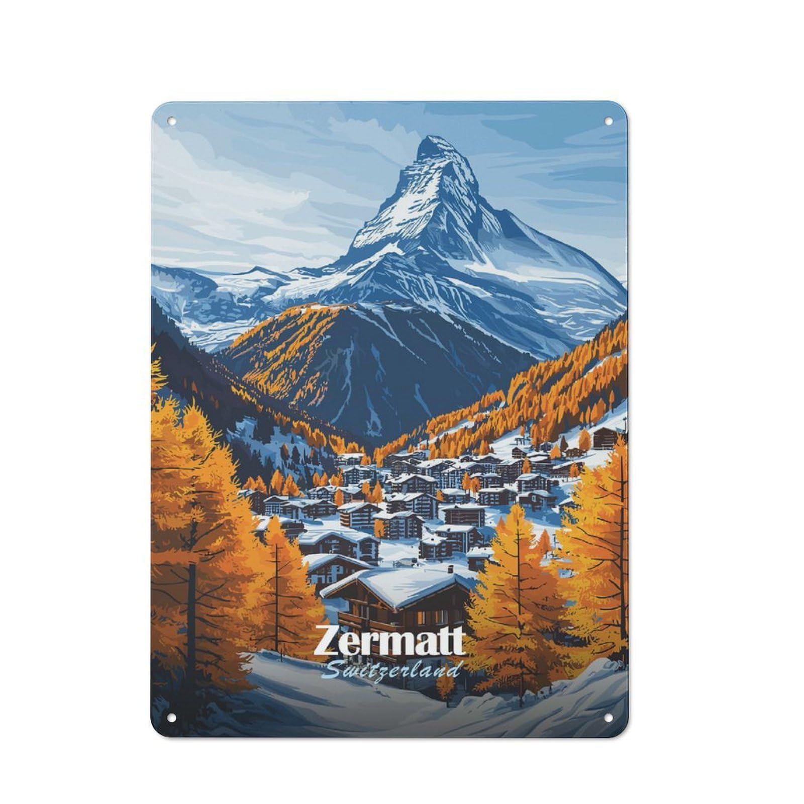 Junmoney Style-9 Zermatt Switzerland Mountain Village Rustic Metal Sign 40X30cm For Pub Or Café, For Collectors Of Rustic Metal Wall Decor