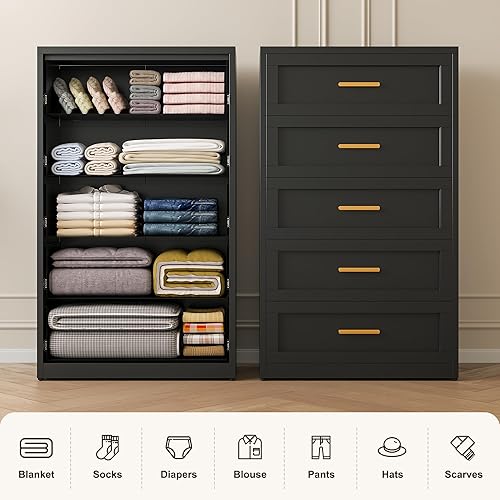 Miniatura 3 de Cómoda de metal negra de 5 cajones para dormitorio, cómoda alta blanca y dorada para armario, cómoda de metal, cómoda y cómoda para sala de estar,