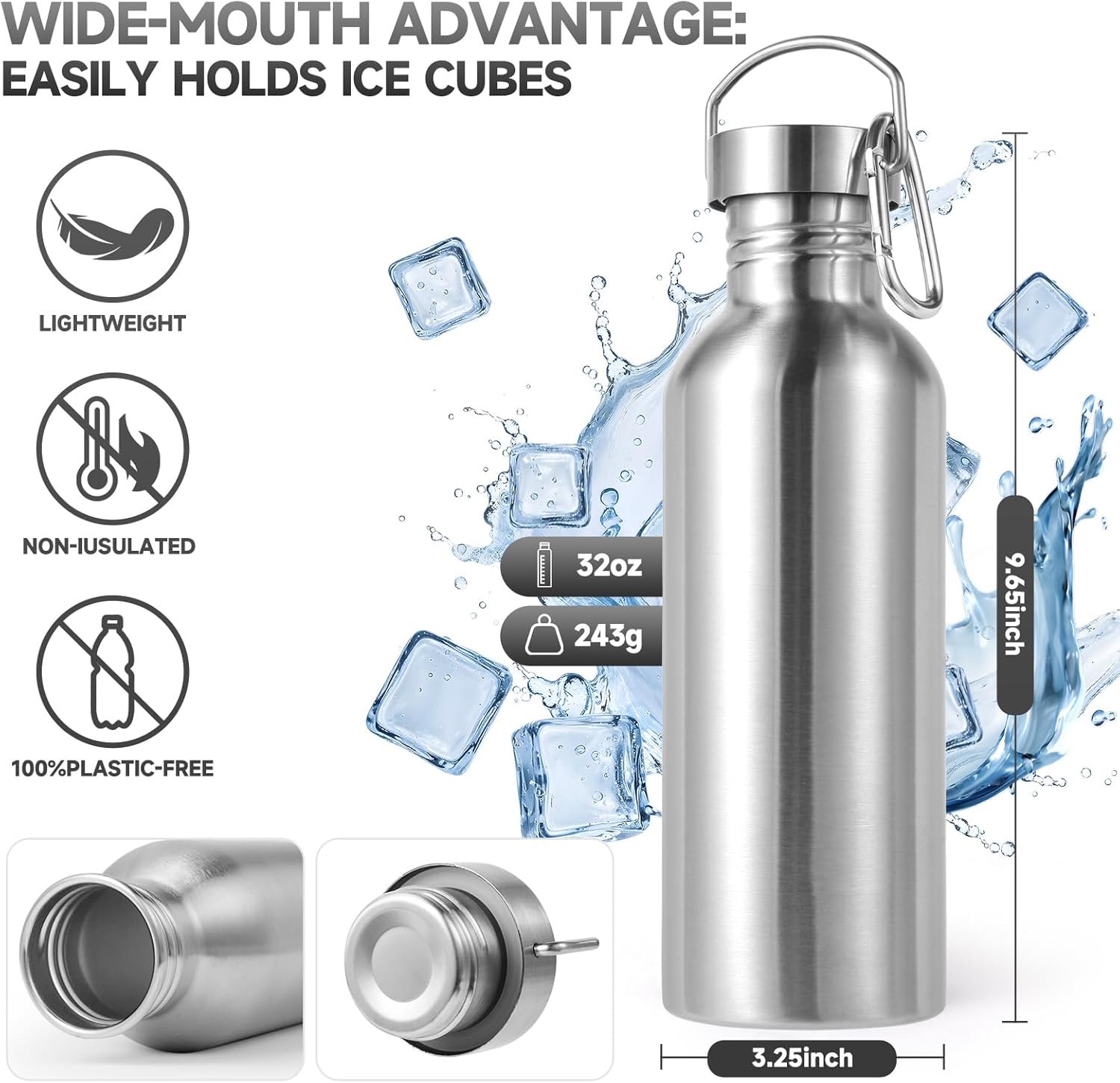 Volhoply 32oz Uninsulated Single Walled Water Bottles 4 Pack, Stainless Steel Sports Water Bottle with Handle & Carabiner, BPA Free Lightweight Water Bottles for Hiking, Biking, Running（Mix,4）