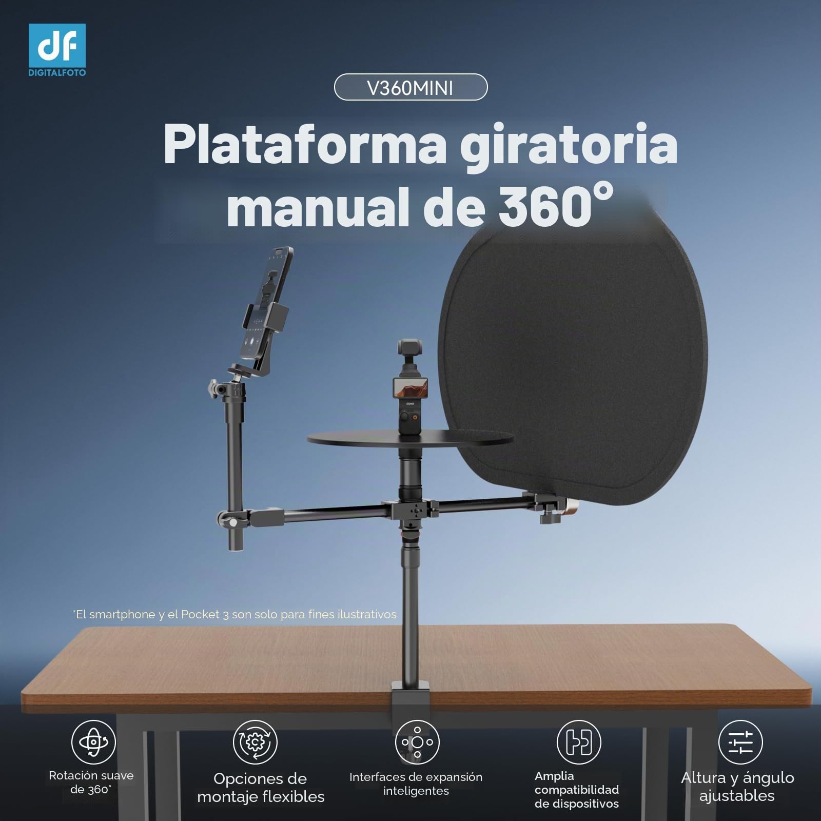 Plataforma Giratoria 360° para Fotografía con Fondo, Plato Giratorio Modular para Vídeo y Productos, Rotación Suave con Doble Rodamiento, para Smartphone, DSLR y Mirrorless, Carga 5 kg – V360MINI
