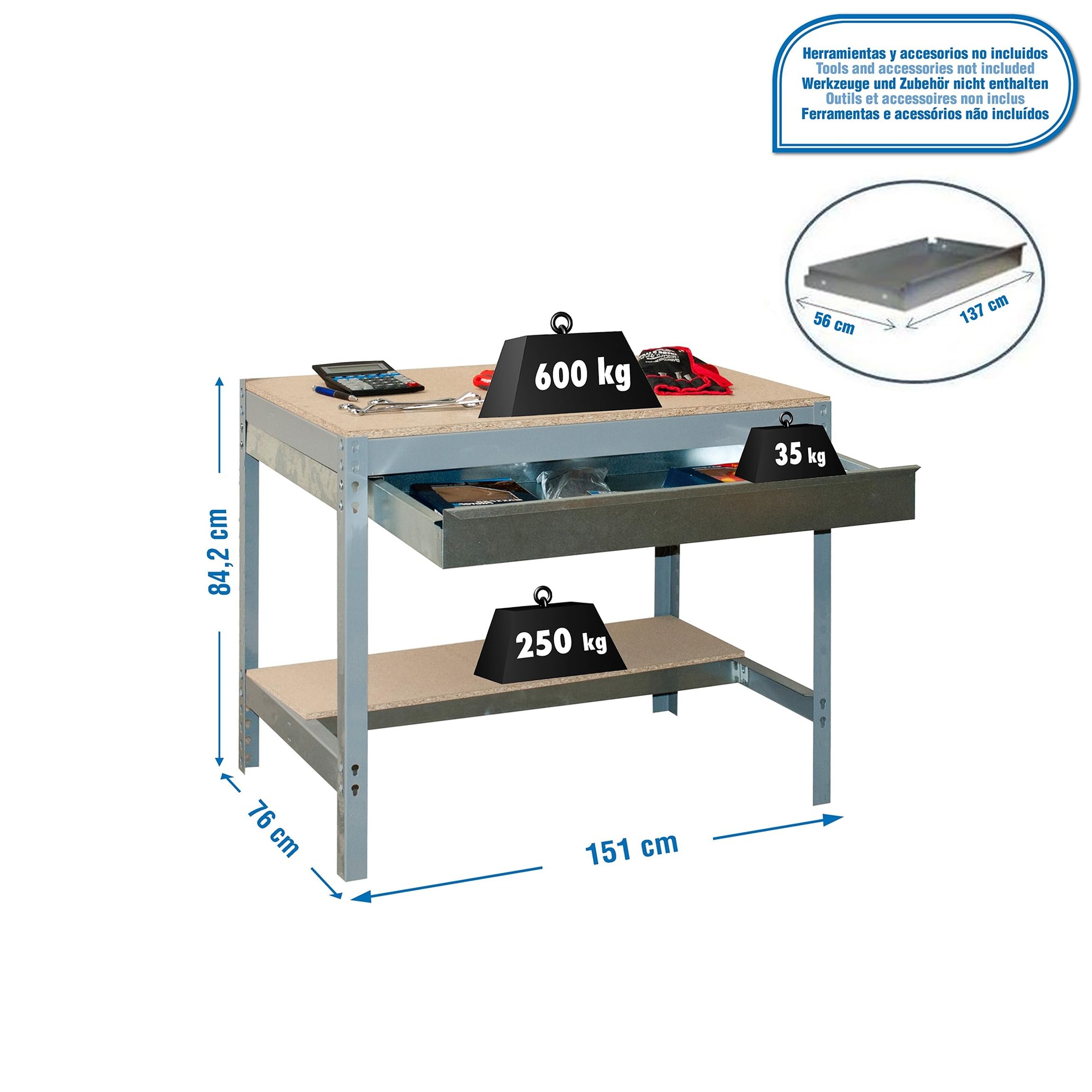 Simon Rack Mesa de Trabajo Taller con cajón 1510x760 mm - BT0 | Capacidad Carga 600 kg, Tablero madera 16 mm, Pintura anticorrosión, Gris , Montaje sistema clic