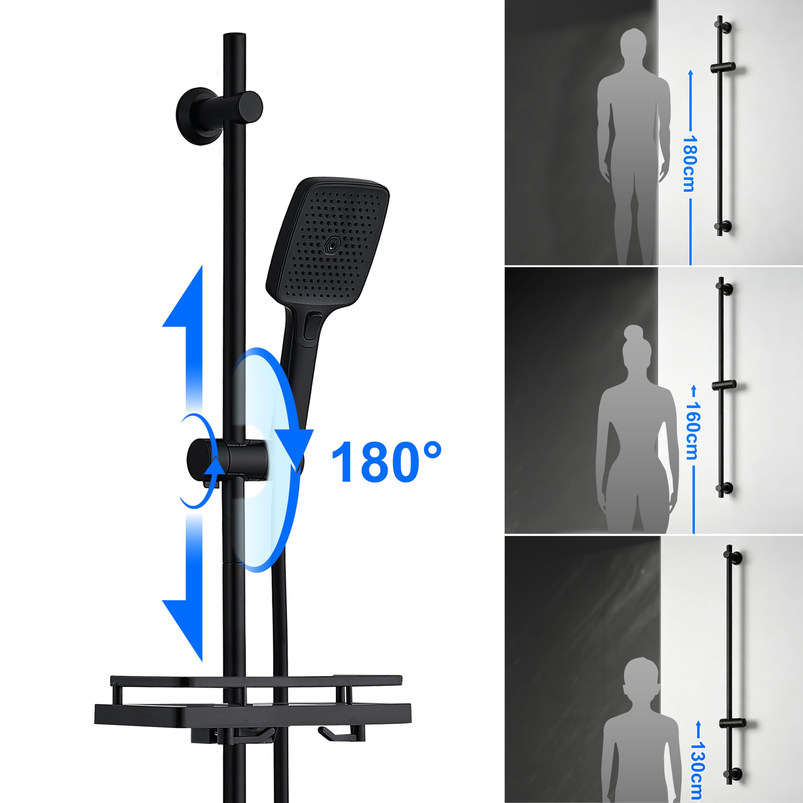 JOHO Barra de Ducha de Acero Inoxidable, Columna Ducha Sin Grifo con Soporte de Alcachofa y Soportes de pared Ajustable Adaptarse a los orificios existentes, Estante, 100 cm Negro