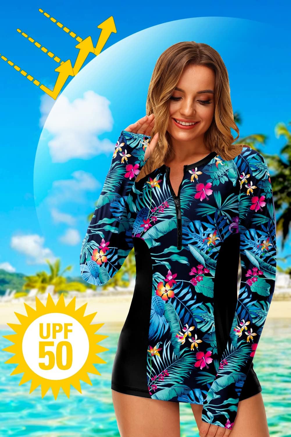 AOBUTE Women Zip Rash Guard UPF 50+ Surf Swim Shirts with Thumb Hole