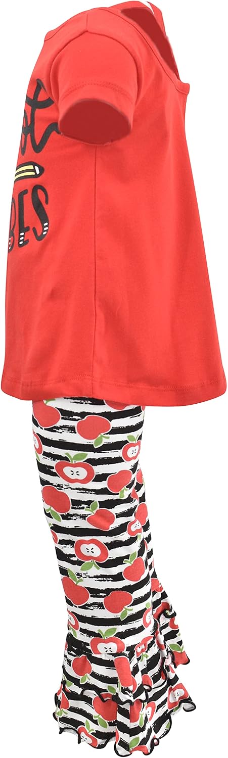 Unique Baby 2 Piece Girls Back to School Vibes Outfit Double Ruffle Leggings Short Sleeve Shirt Clothes Set Kid Toddler Girl