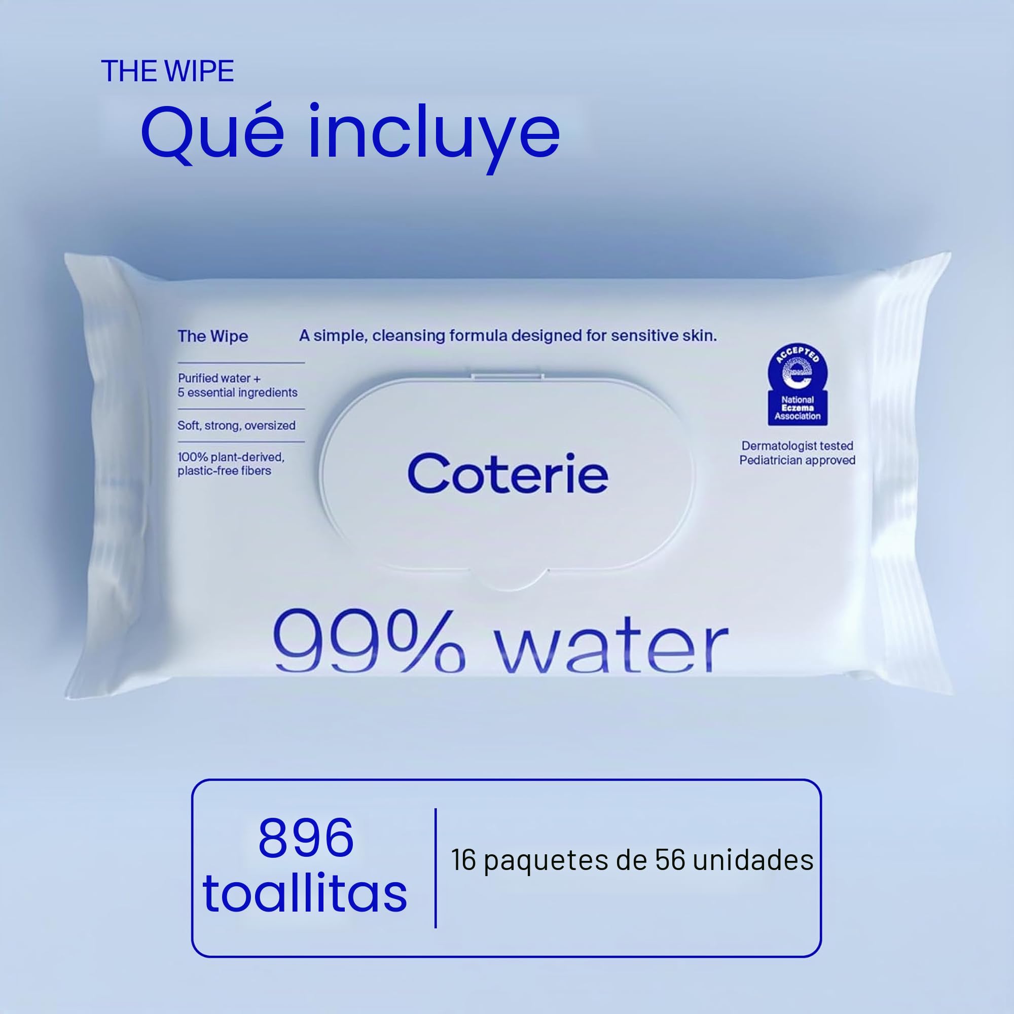 Coterie Toallitas para pieles sensibles, fibras vegetales y sin plástico, 99% de agua, hipoalergénicas, pH equilibrado, sin olor, limpias y suaves para niños, paquete de 16, 896 unidades