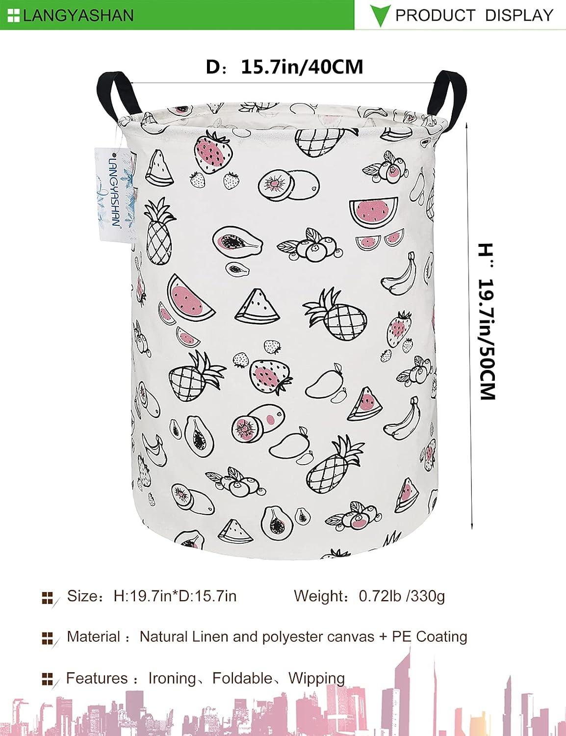 LANGYASHAN Storage Bin, Canvas Fabric Collapsible Organizer Basket for Laundry Hamper,Toy Bins,Gift Baskets, Bedroom, Clothes,Baby Nursery (Color fruit)