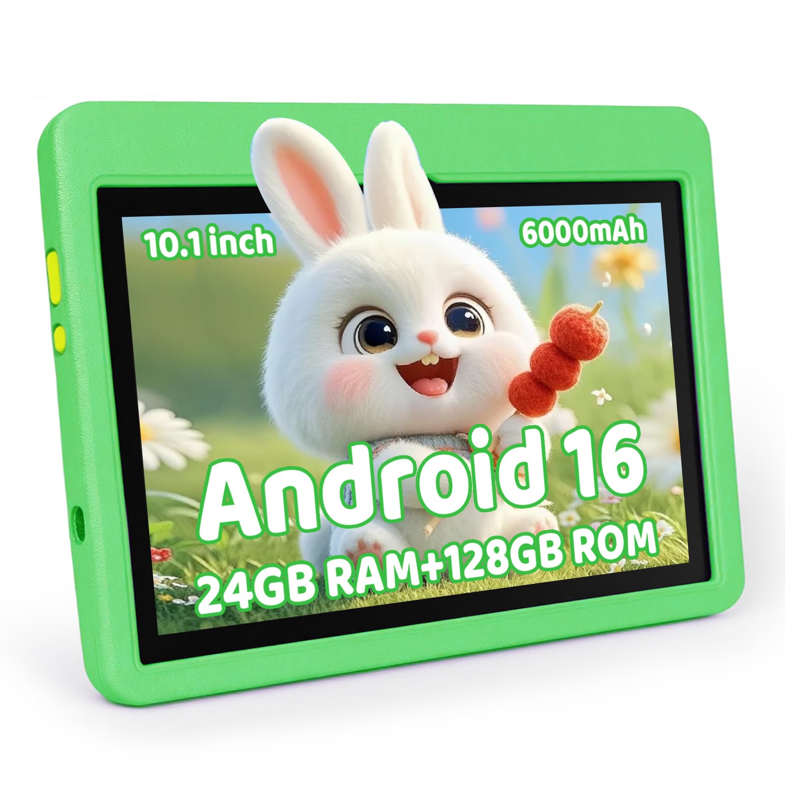 Tablet 10 inch Android 16 Tablet for Kids, 24GB RAM 128GB ROM 1TB Expand, Kids Learning Tablet with Parental Control, Shockproof Case, Eye Protection HD IPS Screen, 6000mAh WiFi 6, Green