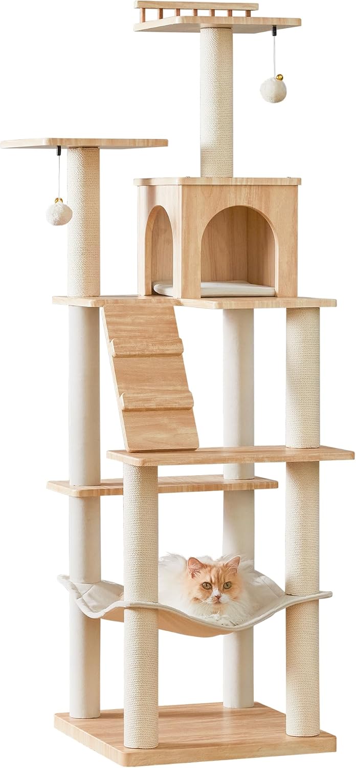 Modern Cat Tree - 64 inch Cat Tower for Indoor Cats, Multi-Level Cat Condo with 7 Fully Wrapped Scratching Posts, 2 Perches, Hammock, Removable Pad & Dangling Balls-Light Brown