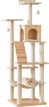 Modern Cat Tree - 163 cm Cat Tower for Indoor Cats, Multi-Level Cat Condo with 7 Fully Wrapped Scratching Posts, 2 Perches, Hammock, Removable Pad & Dangling Balls-Light Brown