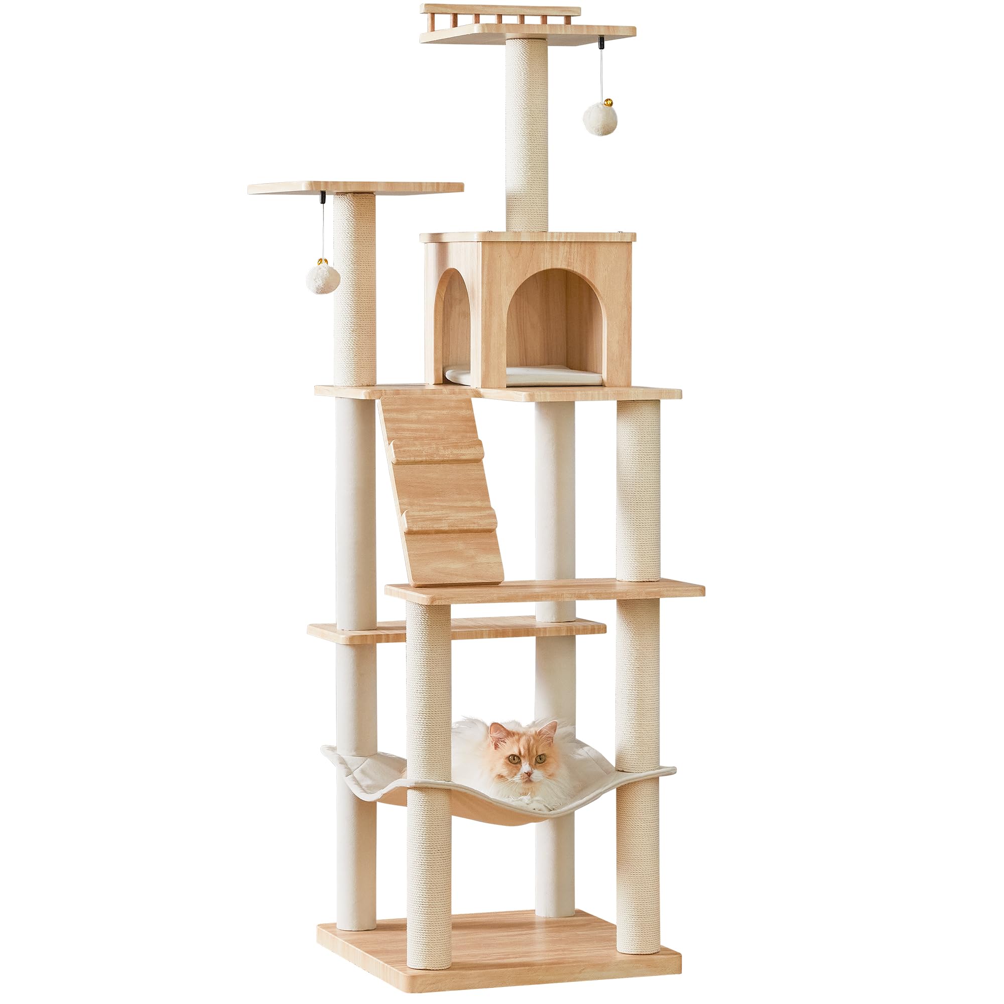 Quuzee Modern Cat Tree - 163 cm Cat Tower for Indoor Cats, Multi-Level Cat Condo with 7 Fully Wrapped Scratching Posts, 2 Perches, Hammock, Removable Pad & Dangling Balls-Light Brown