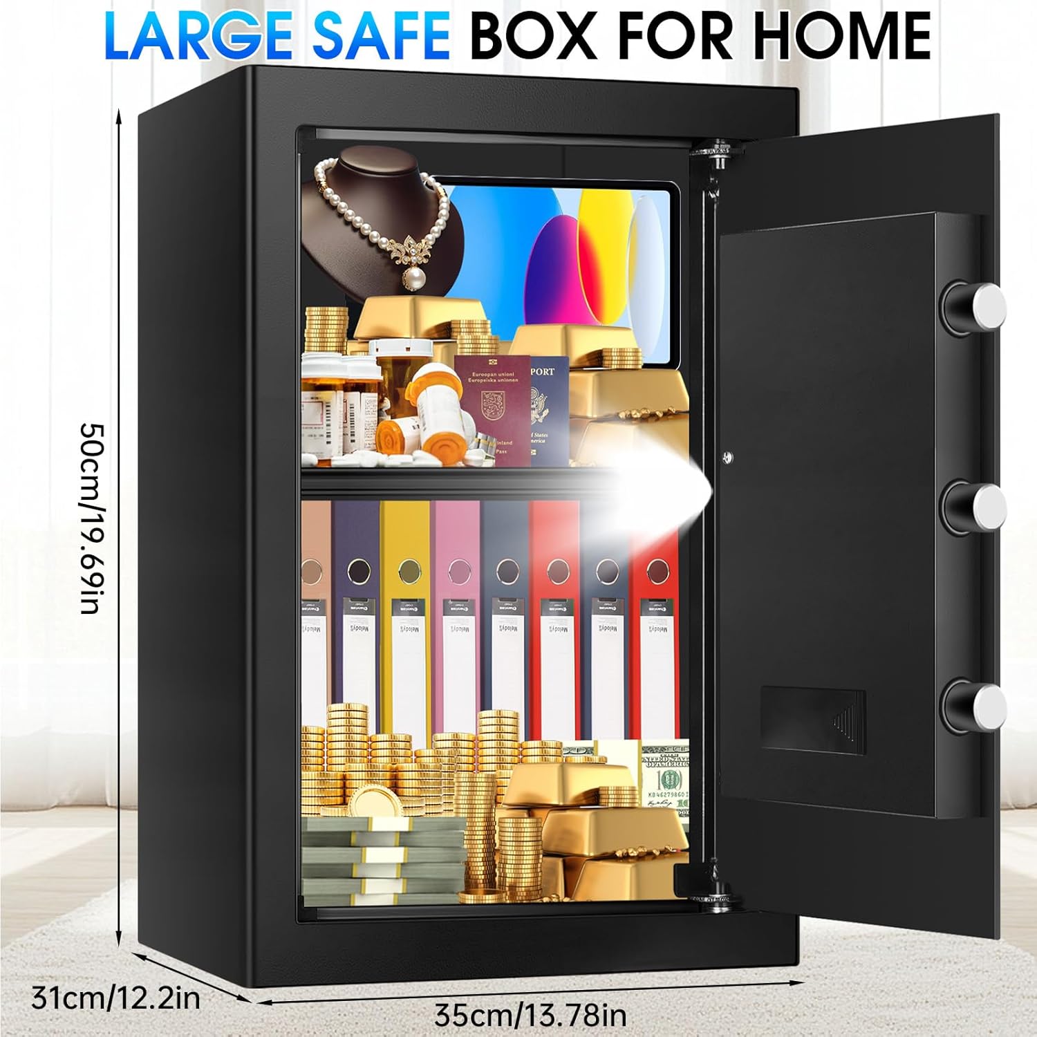 3.3 Cuft Large Fire Proof Safes for Home Use, Personal Fire Safe Box with Electronic Keypad and Spare Key, Removable Shelf, Digital Home Safe Fireproof Waterproof for Cash Documents Valuables