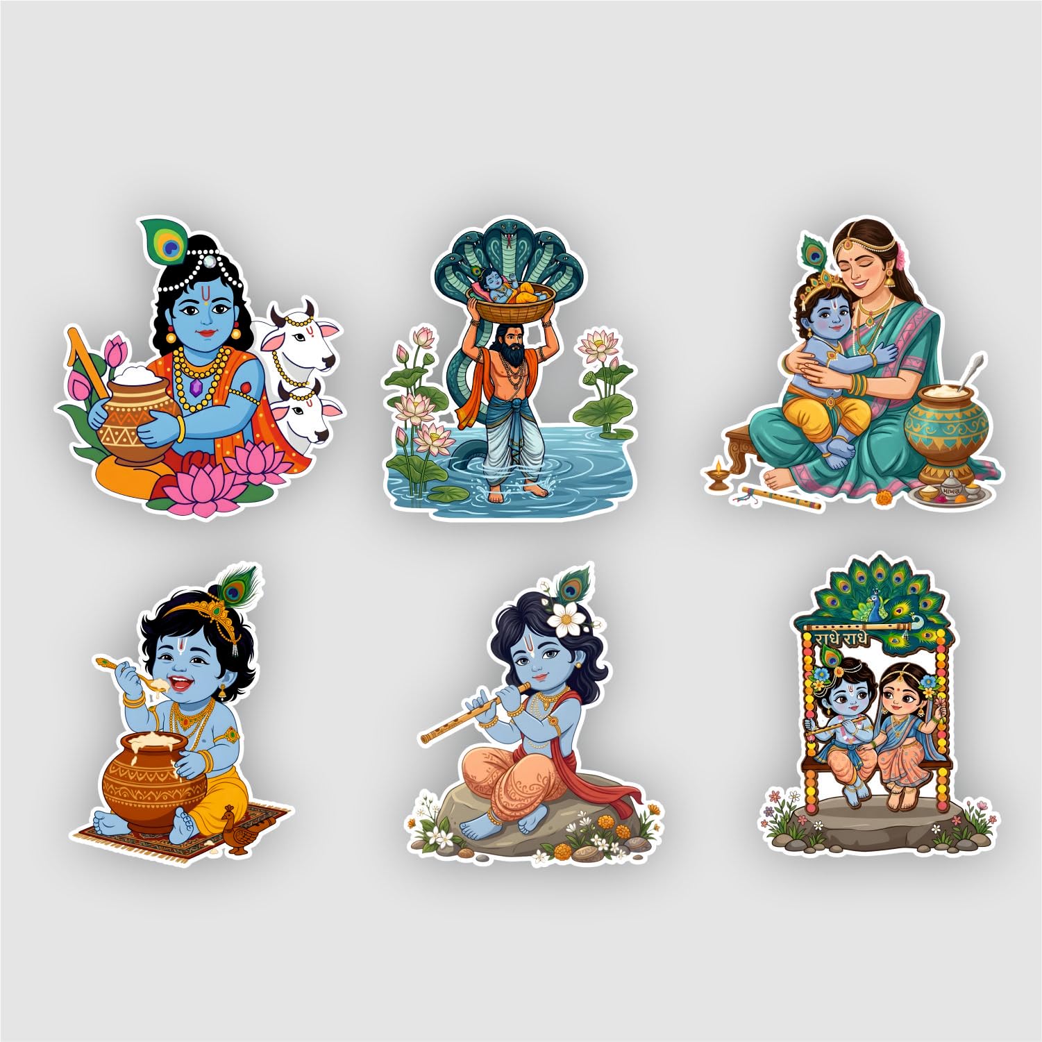 Lord Krishna Fridge Magnet Combo Set of 6 | Cartoon Style Blue God with Cow, Flute, Kaliya Snake & Butter Pot | Hindu Mythology Spiritual Decor | 7.62 cm (3 Inch)-picture-23