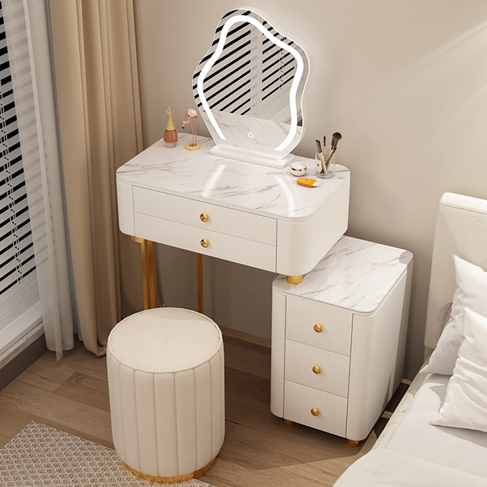 asdchZen Minimalist Makeup Vanity Table With Removable Mirror & Storage Drawers, Stylish Dressing Table With Cushioned Stool For Women & Girls Bedroom,2-50cm/19.6in