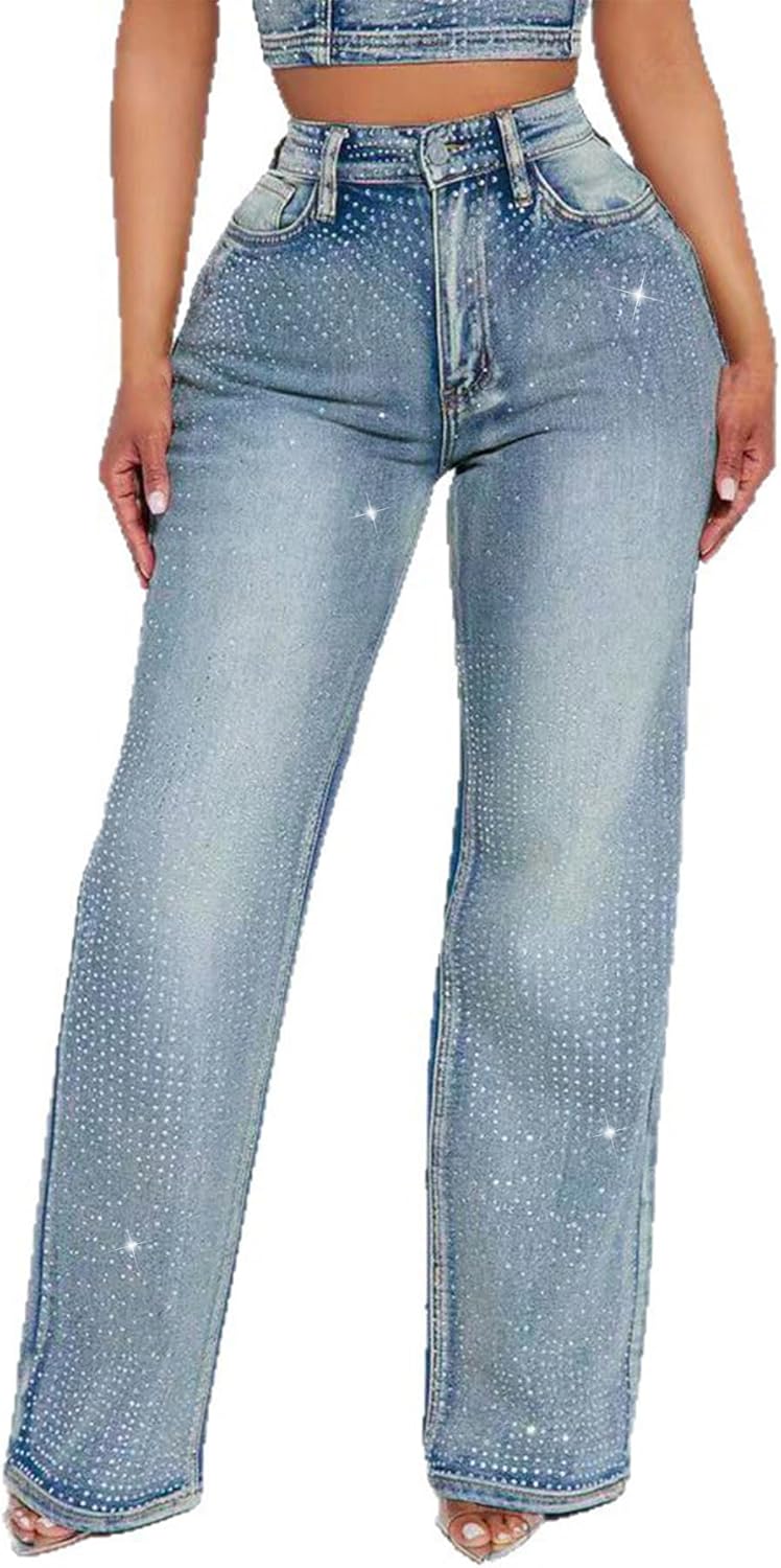Ptorlio Womens Rhinestone Jeans Baggy Wide Straight Leg High Waisted Y2k Sparkly Bling Diamonds Denim Pants