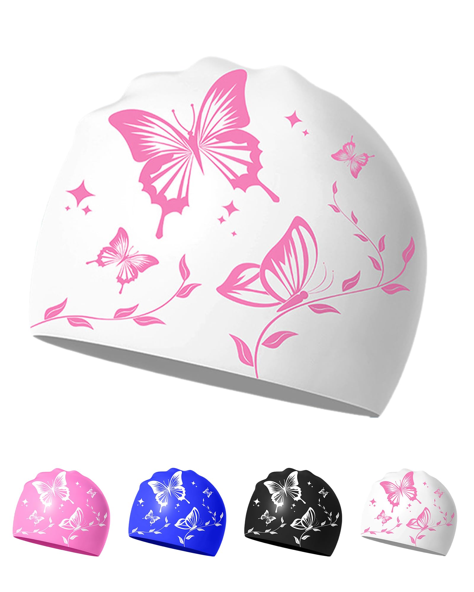 Swimming Cap for Women – Soft, Elastic, Anti-Slip, Stylish, Comfortable (White Butterfly)