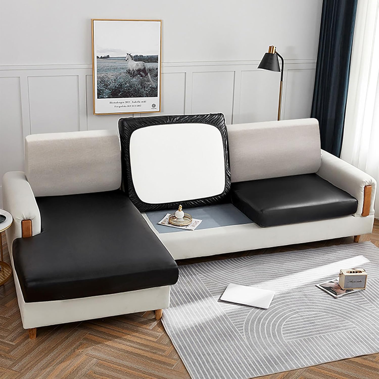 vctops Luxury PU Leather Waterproof Couch Sofa Cushion Slipcover Elastic Chair RV Seat Covers Oilproof Wipeclean Furniture Protector for Settee Seater Replacement in Living Room (Black,Large)