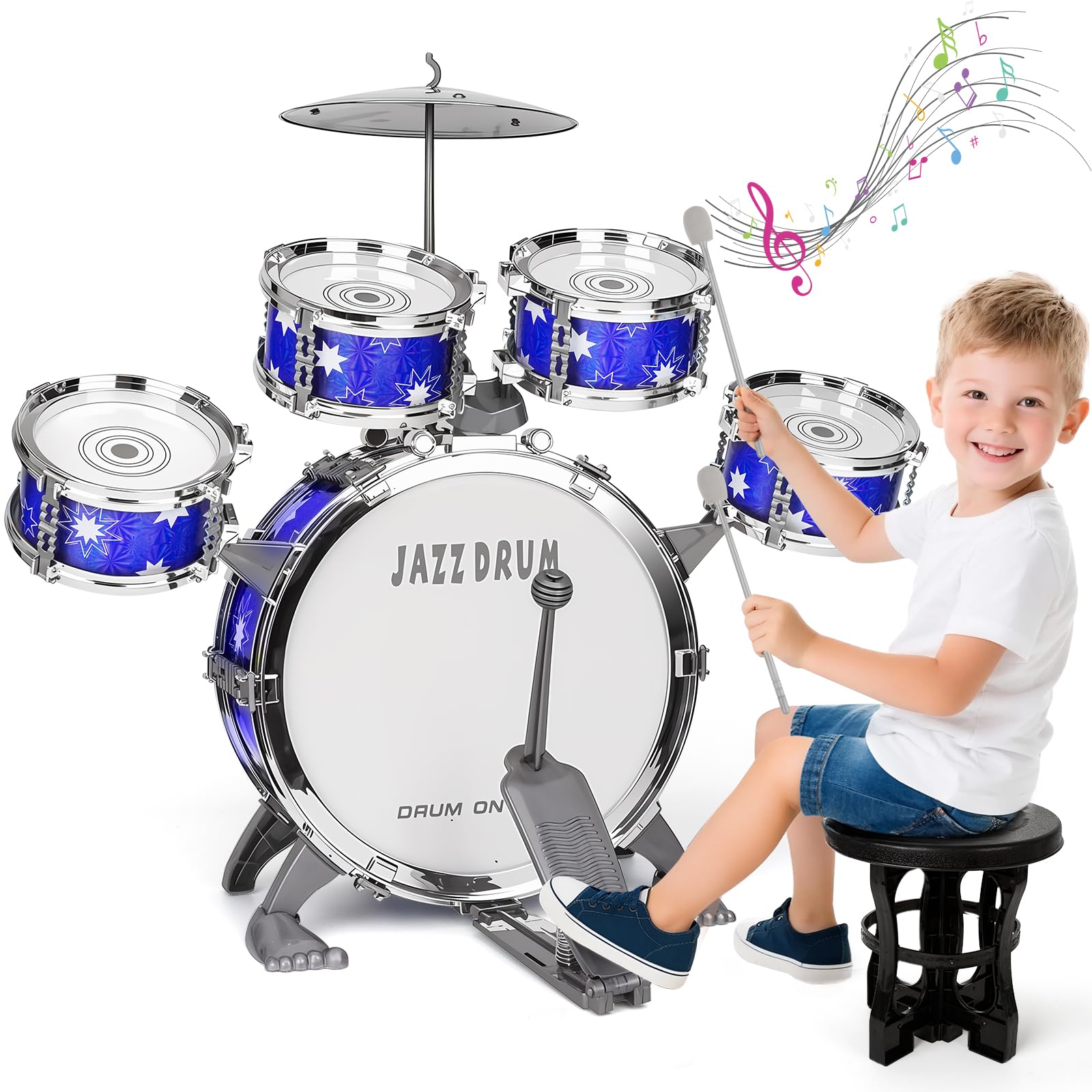 Upgrade Giocattolo Batteria Bambini 2-4 Anni Kit Batteria Jazz per Bambini con Sgabello, Giocattolo Strumento Musicale per Ragazze Ragazzi di 3 4 5 Anni Regalo