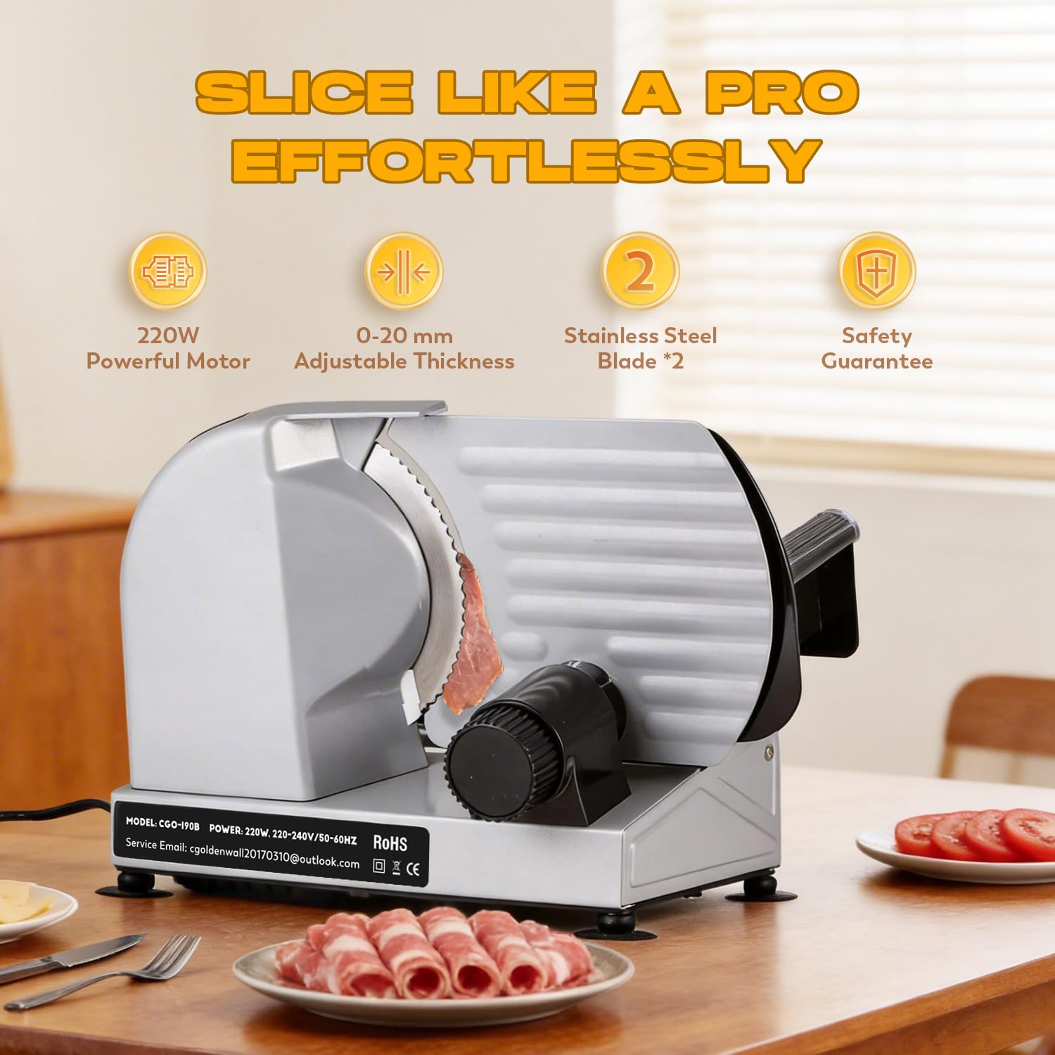 CGOLDENWALL Affettatrice elettrica da 220 W, spessore regolabile da 0 a 20 mm, affettatrice per carne, formaggio, pane, verdure, con 2 lame rimovibili in acciaio inossidabile da 19 cm, spingi alimenti