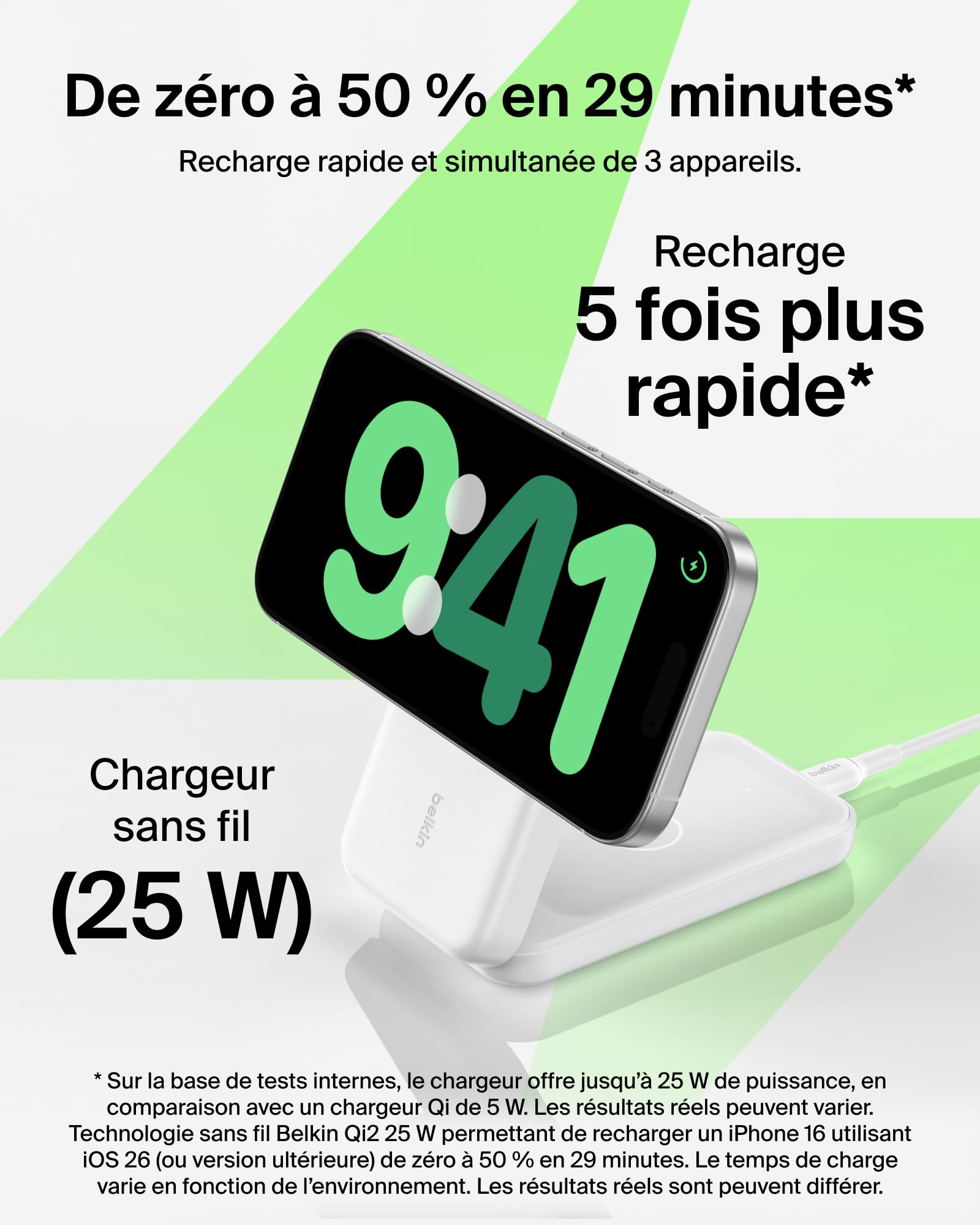 Belkin UltraCharge Chargeur Induction 3 en 1 Qi2, Station de Charge Magnétique 25W, Chargeur sans Fil avec MagSafe pour iPhone 17, iPhone Air, Apple Watch, AirPods, Pixelsnap avec Chargeur 45W, Blanc