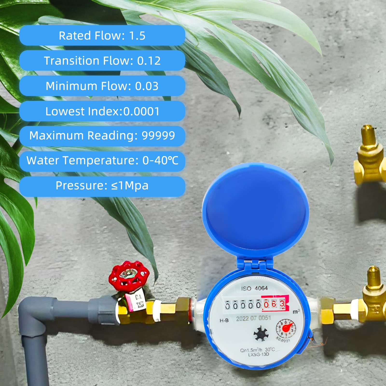 Medidor de Agua para jardín de 1/2 Pulgada, 15 mm, medidor de Agua fría calibrado con Cubierta Protectora y Accesorios, para Uso doméstico y en jardín con Puntero y Pantalla Digital