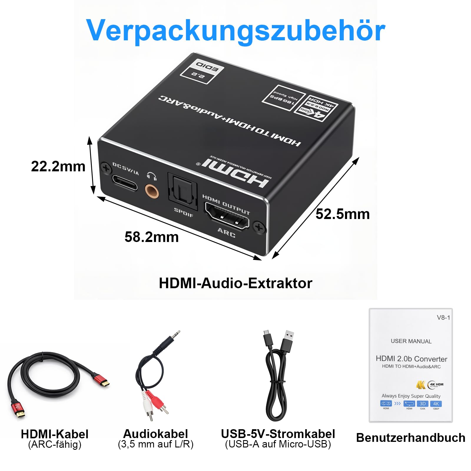 HDMI ARC Audio Extractor 4K 60Hz HDMI Optisch Adapter auf 3.5MM Converter Splitter, 192 KHz DAC Digital Analog Wandler, SPDIF TOSLINK Optical und 3,5MM Stereo-Audioausgang Unterstützt LPCM 7.1/DTS/DSD