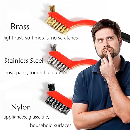 Miniatura 3 de Cepillo de alambre, 9 piezas, cerdas de nailon/latón/acero inoxidable con mango curvado para limpiar la eliminación de óxido, suciedad, limpieza