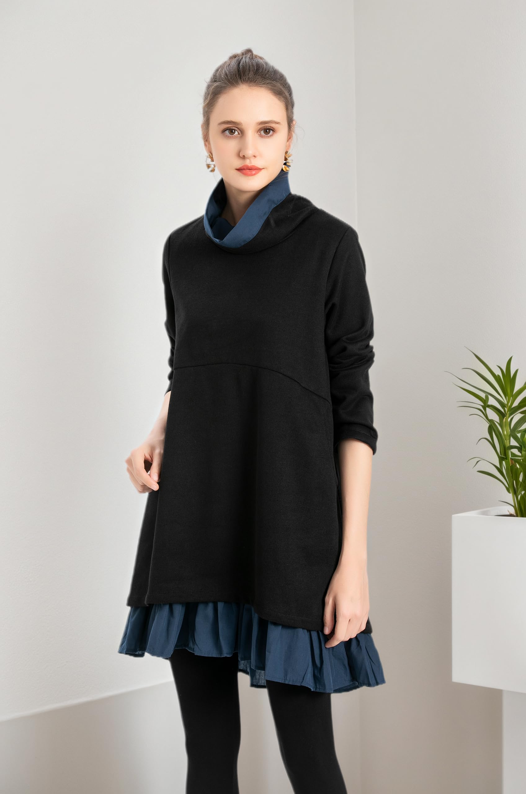 Minibee Damska bluza oversize, sukienka z golfem, z długim rękawem, tunika, topy, sukienki swingowe z kieszeniami