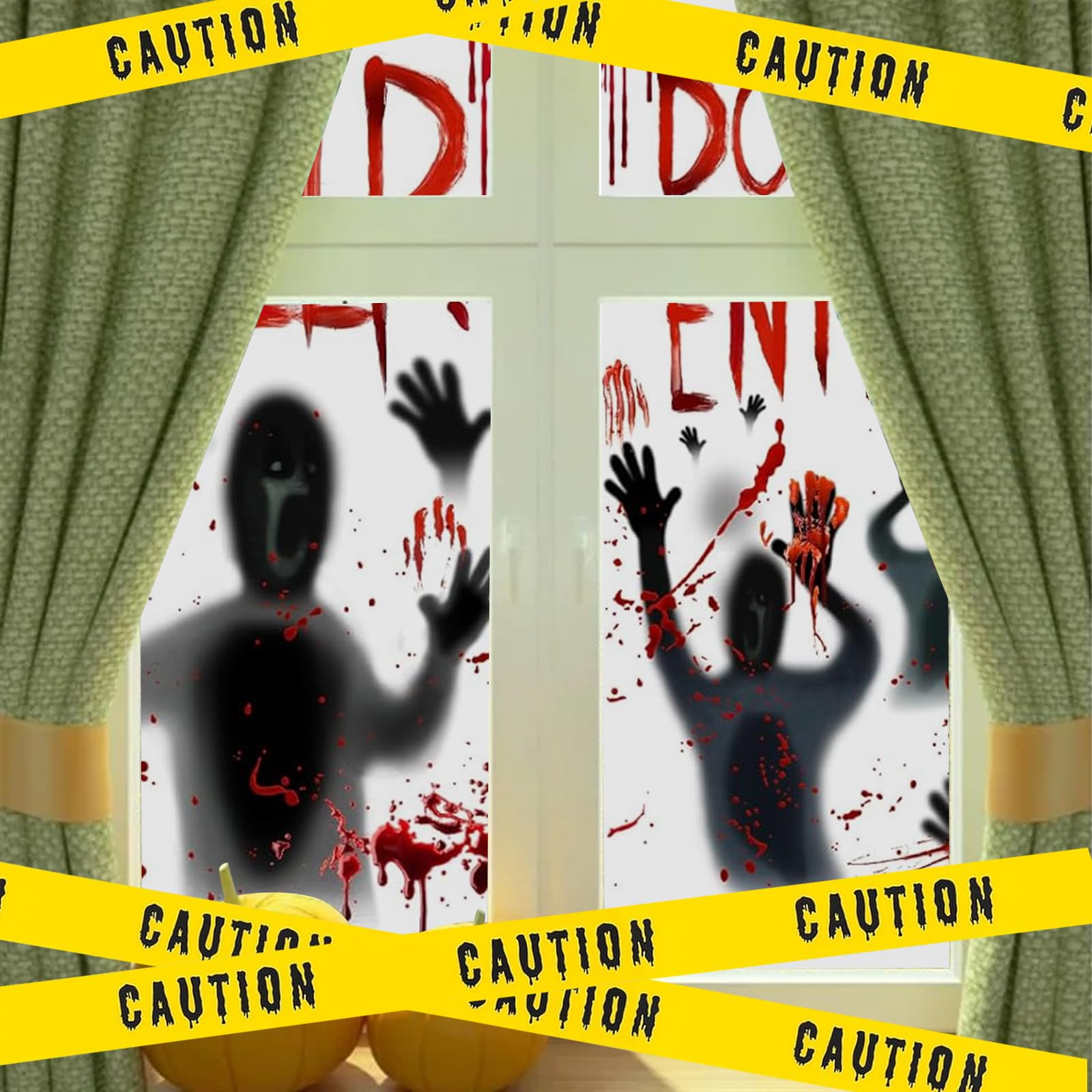 TATAFUN 2 Pieces Halloween Window Stickers, 1 Yellow Caution Tape, PVC Waterproof, Glass Surface, Rectangular Stickers - Image 4