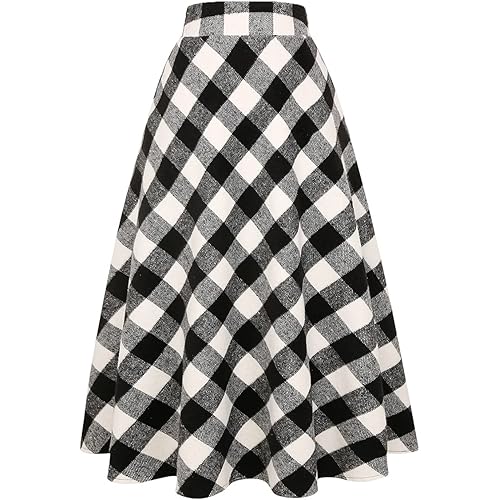 IDEALSANXUN Womens High Elastic Waist Maxi Skirt A-line Plaid Winter Warm Flare Long Skirt