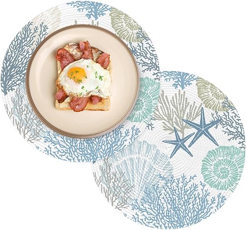 Miniatura 6 de Manteles individuales redondos náuticos costeros coral de 15 pulgadas para mesas de comedor, manteles individuales con temática de playa azul y