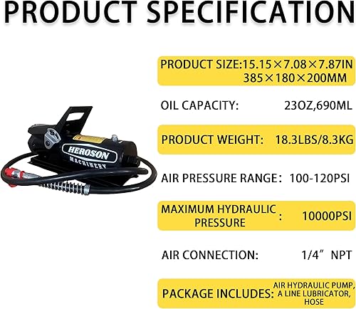 Miniatura 3 de HEROSON Bomba hidráulica de aire, 10,000 PSI, depósito de 0.7L, salida de aceite NPT 38", entrada NPT de 14 pulgadas, con lubricador de línea de