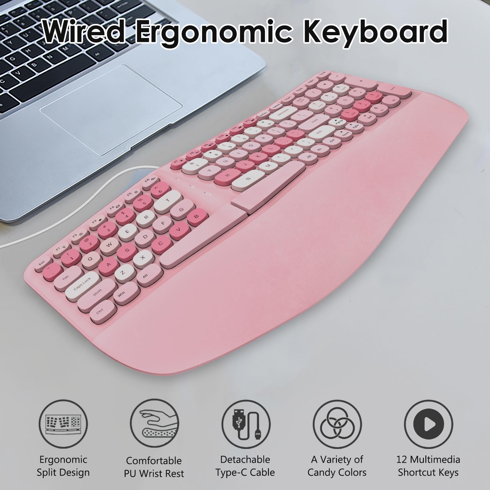 Lomiluskr Tastiera ergonomica cablata con poggiapolsi in PU, tastiera per tunnel carpale, design colorato con split ergo, comoda digitazione naturale, compatibile con PC/laptop (rosa)