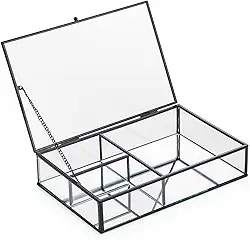 Oikos - Porta-Objetos de Vidro e Metal Preto 25cm com Tampa 3 Divisórias com Fundo Espelhado