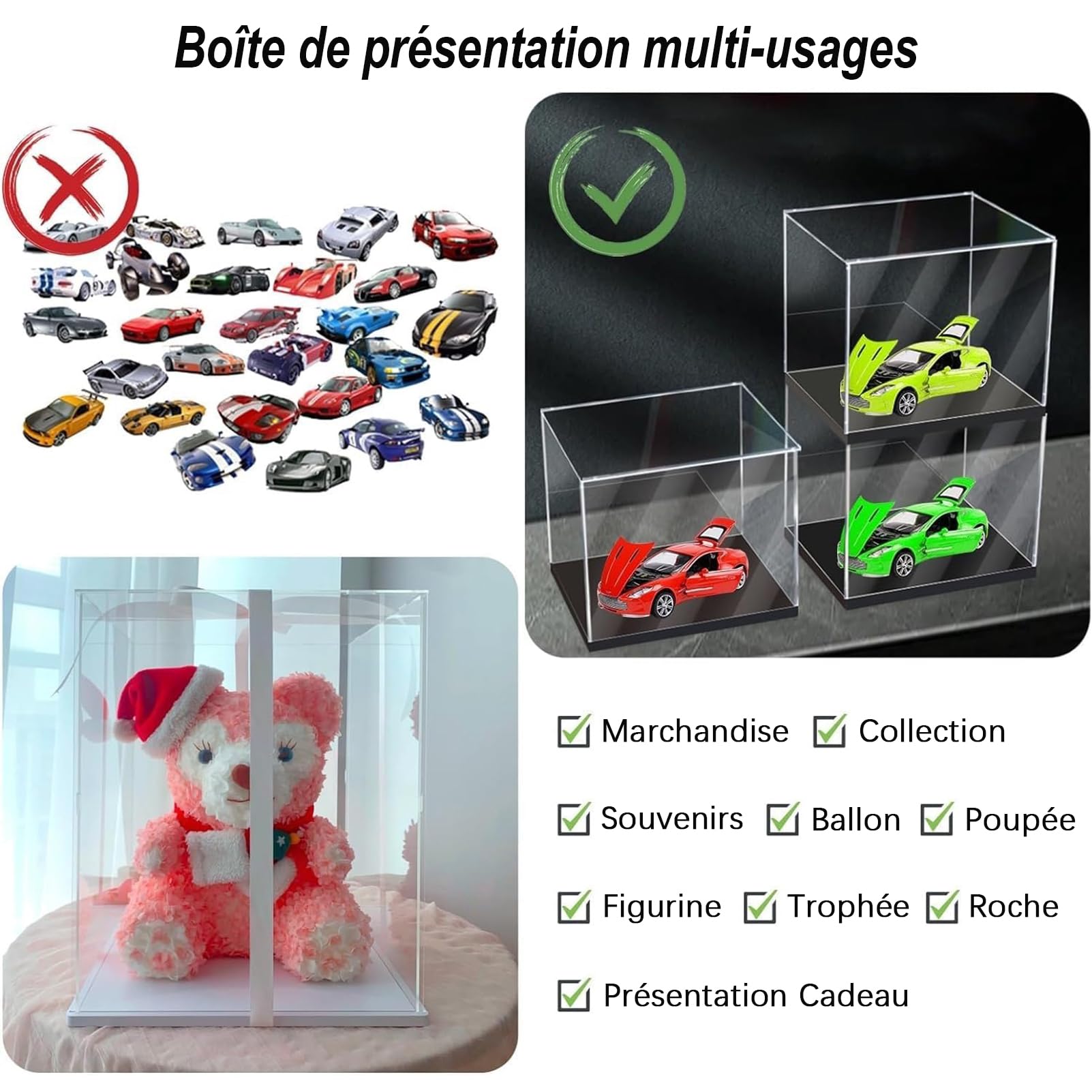 Scatola di presentazione acrilica compatibile per oggetti da collezione, giocattoli e figurine, scatola di presentazione trasparente anti polvere (modello non incluso) nero, 20 x 20 x 55 cm