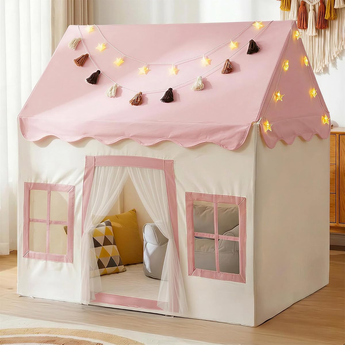 Kids Play Tent with Mat, Kids Playhouse with 2 Windows, Star Lights & Tassel Garland, Indoor Outdoor Reading Nook, Machine Washable Cover, Gifts for Girls & Boys, 42" × 27" × 38", Pink