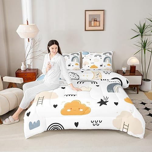 Miniatura 2 de Erosebridal Juego de edredón de dibujos animados arco iris, relleno de edredón Kawaii de dibujos animados de nubes de sol, edredón de corazón de