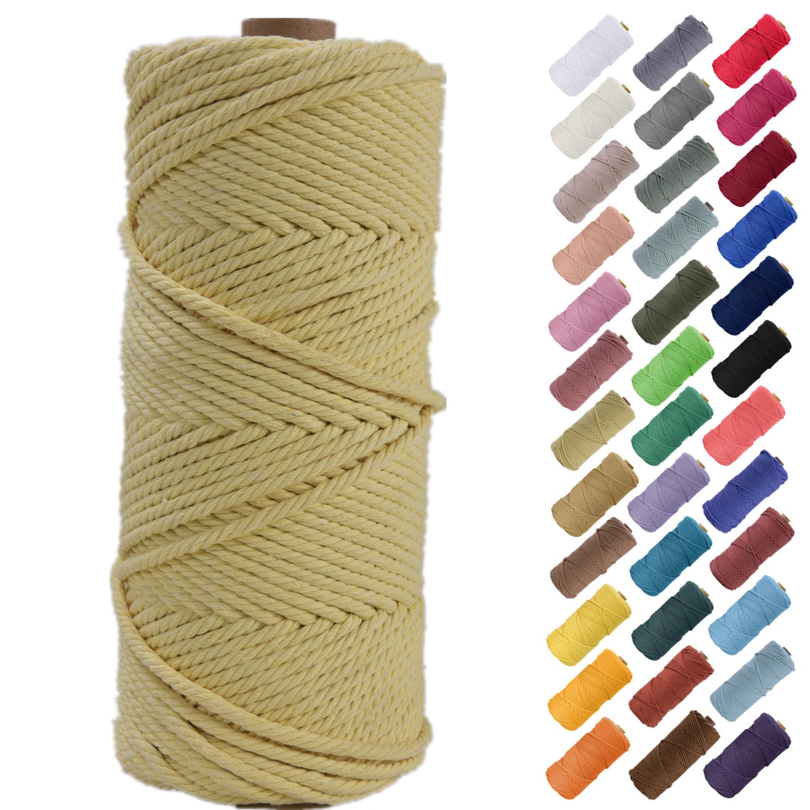 Binwat 5mm x100m Macrame Cord Thick Natural Cotton Cord DIY Crafts Yarn Thread Twisted Spool Twine String Cotton Rope for Wall Hanging,Plant Hangers,Knitting,Decorative Projects(Light yellow)