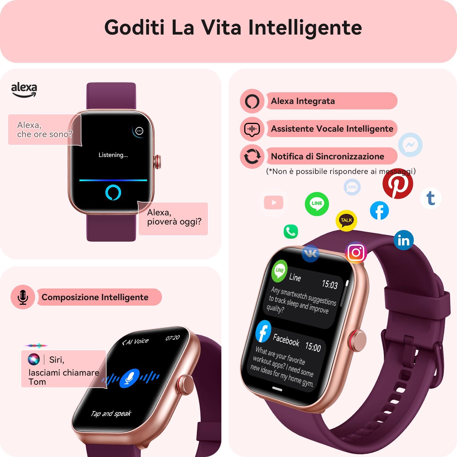 Orologio Smartwatch Donna- 1.91" Smartwatch con Chiamata Bluetooth Alexa, 24H Sonno Cardiofrequenzimetro Spo2, 120 Modalità Sport, Impermeabile IP68 Sportivo Digitale Contapassi Donna per Android iOS