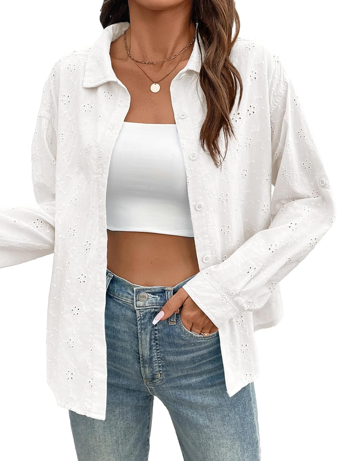 Dokotoo Womens Summer Tops Casual Button Down Long Sleeve Shirts for Women Loose Soft Cotton Hollow Out Blouses