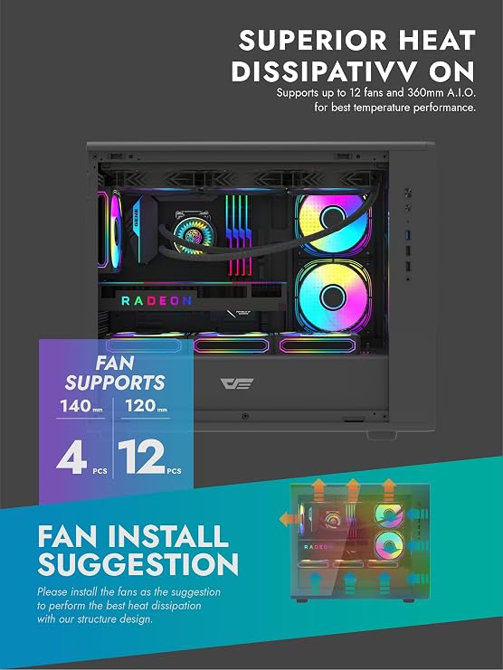 darkFlash DB460M Micro-ATX PC Gaming Case, Full-Mesh Front Panel for High Airflow, Tool-Free Clamshell Side Panel, Supports RTX 5090 up to 420mm, 360mm Top Radiator Support, Black