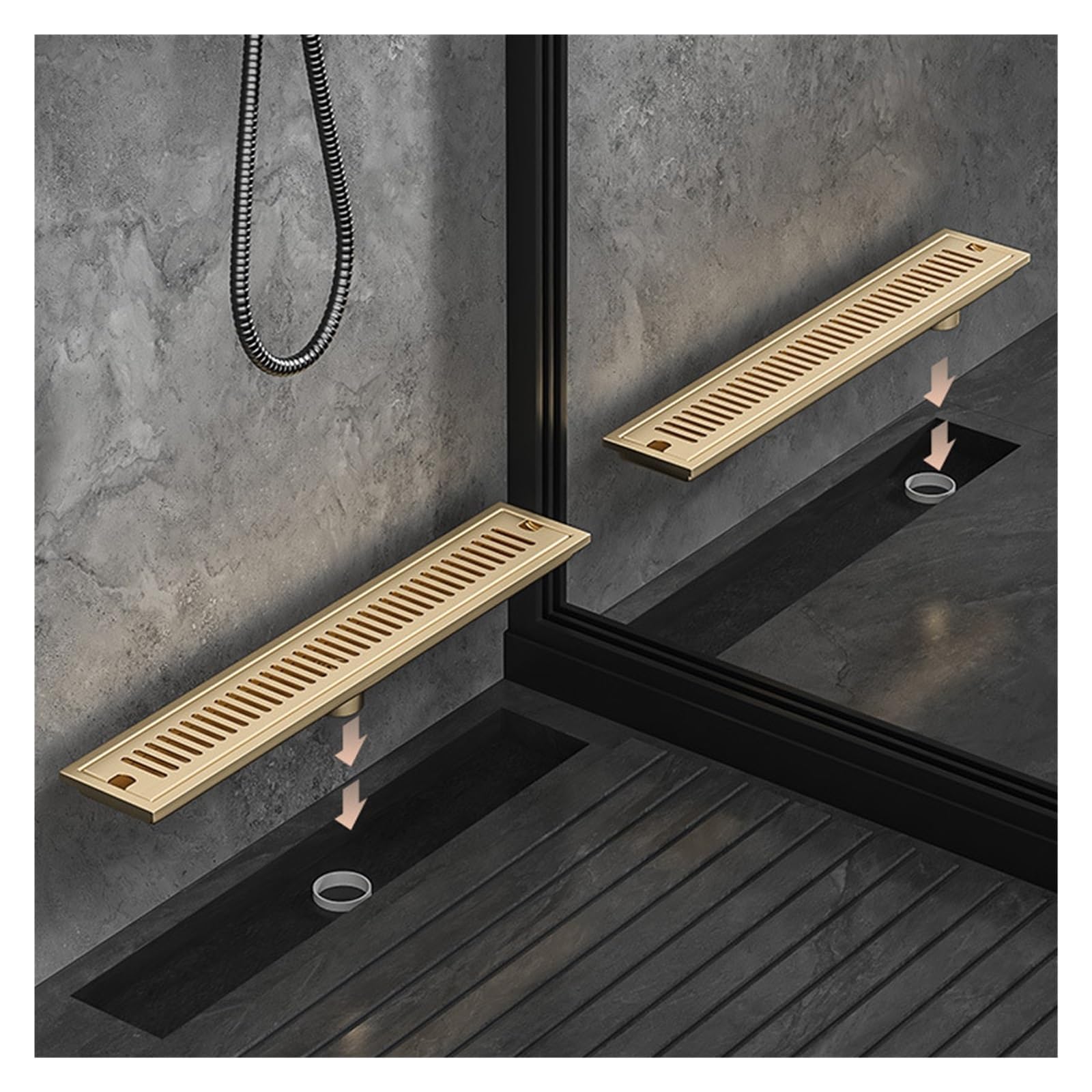 Desagüe Lineal para Ducha Drenaje de Piso Ducha for baño, Lavabo, balcón, Acero Inoxidable 304, Oro Pulido, Negro, Drenaje Lineal Largo, desagües Laterales(Brushed Side,10x50cm)