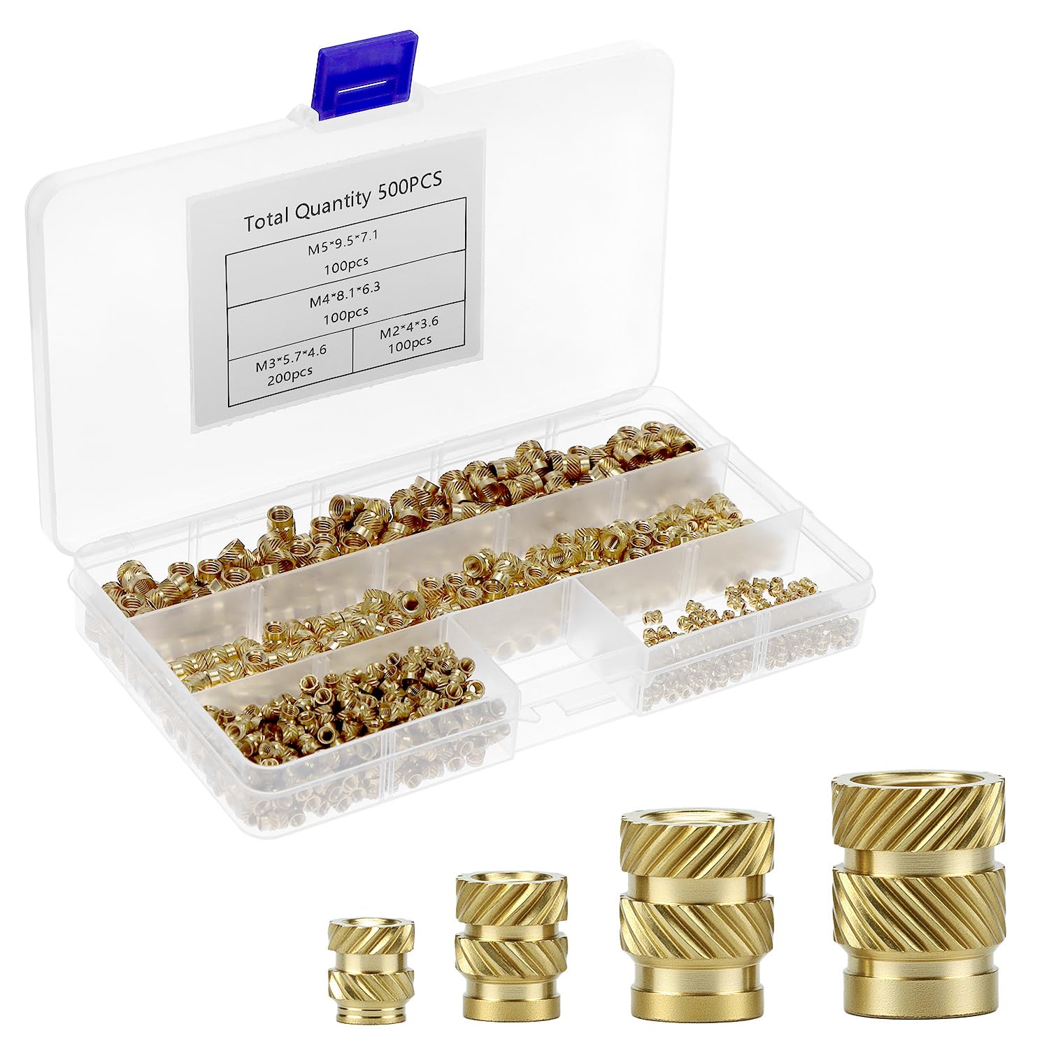 QWORK® 500pcs Assorted Brass Threaded Inserts - M2/M3/M4/M5 Hand Nuts for 3D Printing and Plastic Parts, Gold, M2, M3, M4, M5
