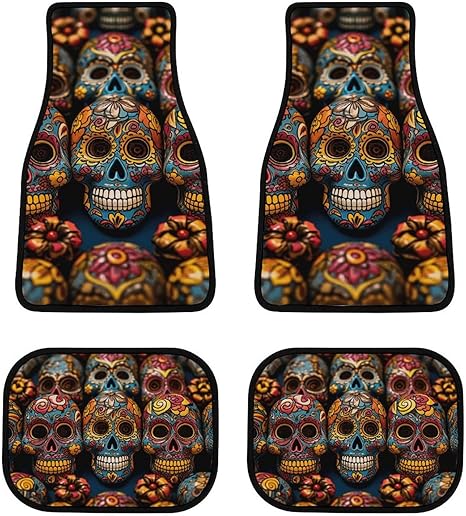 Automotive Floor Mats 4-Piece All-Weather Car Mat Durable and Colorful Sugar Skulls Non-Slip Floor Mats for Cars, Trucks, SUVs