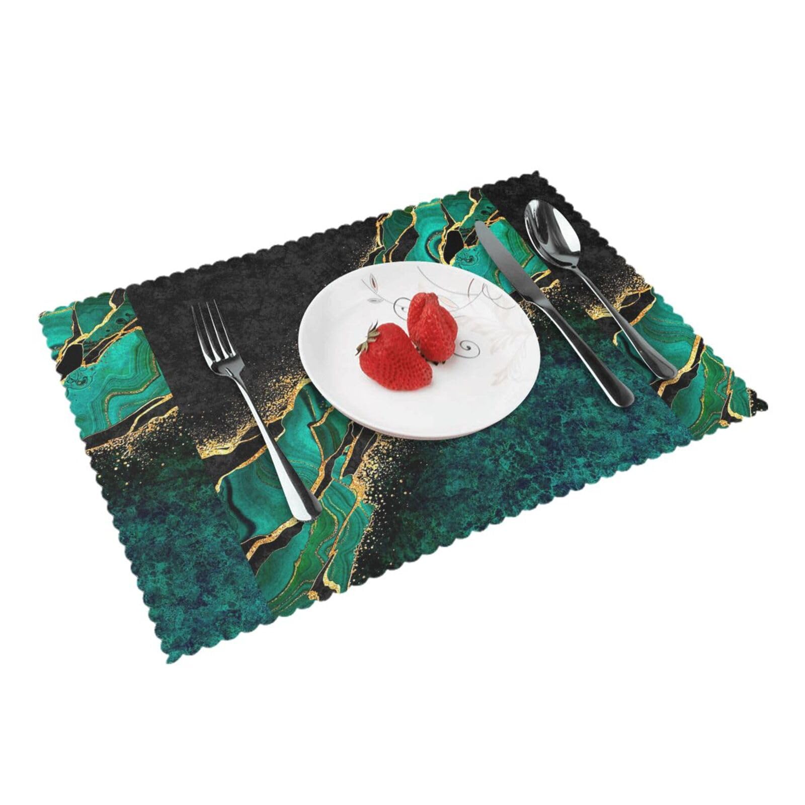 Wzqamdp As Picture Black Teal Marble Green Malachite With Golden Veins Gold Spots,4 Pack Place Mats For Table,Durable And Easy To Clean Placemats For Dining, Kitchen,Non-Slip, Heat-Resistant