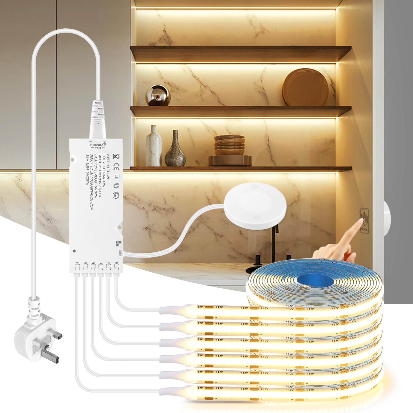 CHNMALITAI 12V COB LED Strip,6 Pcs 1M/3.3ft Warm White Cabinet Light with Touch and Hand Sweep Dimmer Switching,12V Cuttable COB LED Strip Light for Display Cabinets,Wine Cabinets,Shelves — image 1