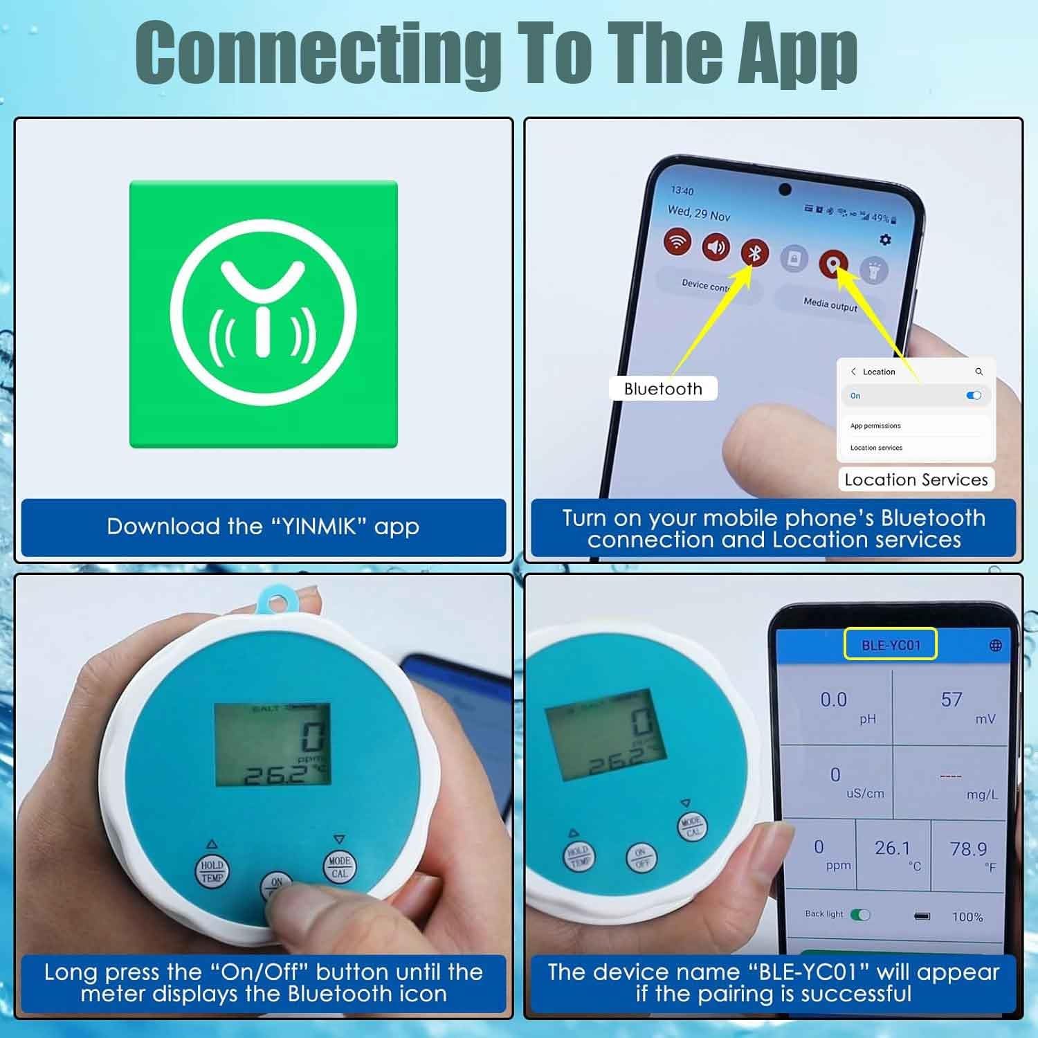 Inteligentny tester jakości wody, 6 w 1 monitor wody w basenie Bluetooth, miernik testujący wodę, do basenów, spa, hydroponiki, pomiaru pH, EC, ORP, chloru, zasolenia i temperatury