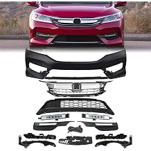 Complete Front Body Bumper 12pcs Kit Replacement For 2016 2017 Honda Accord Sedan Front Bumper Grille Assy + LED Fog Lights Kit + Support Brackets Kit + Support Sight Cover
