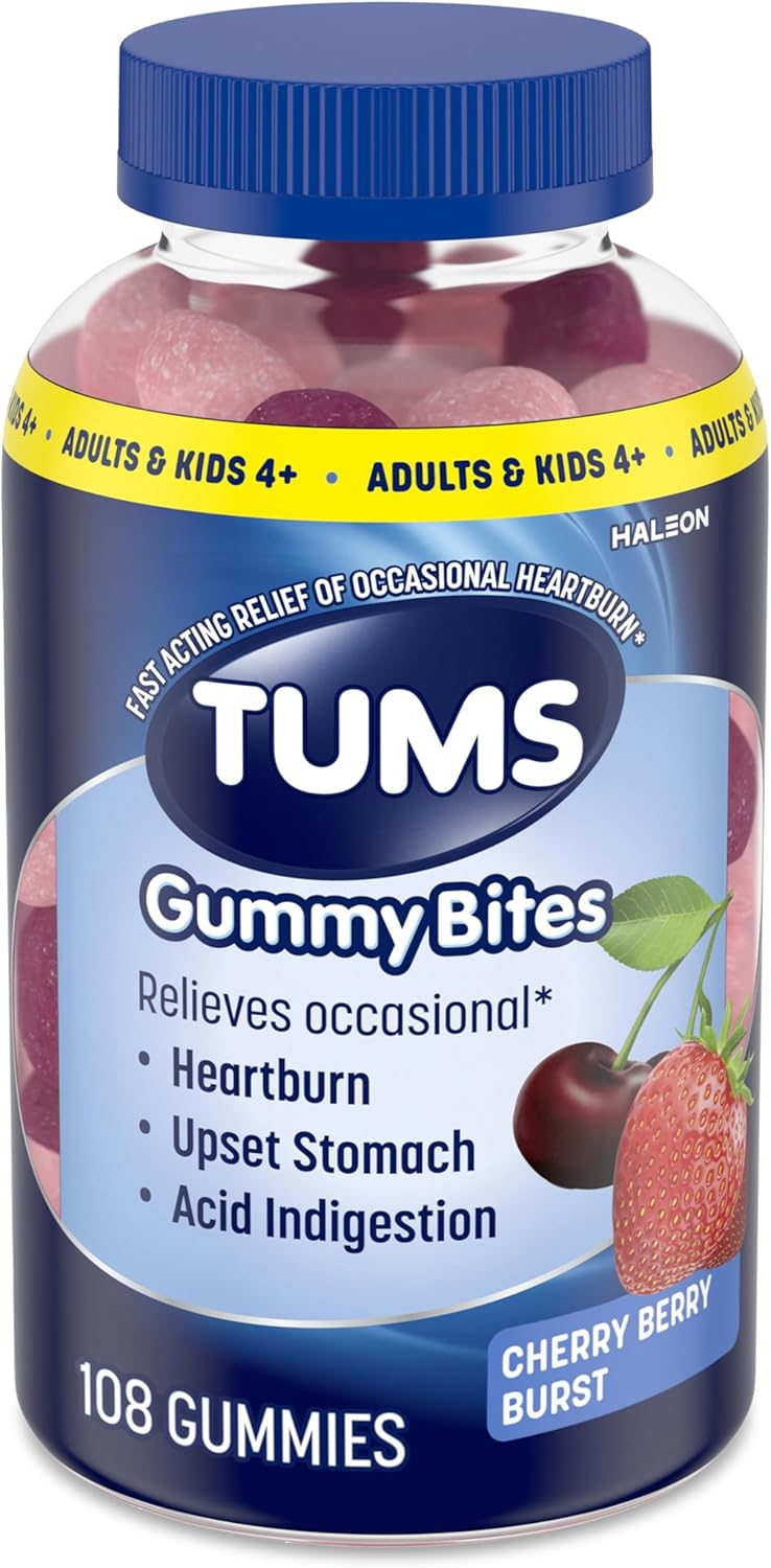 TUMS Gummy Bites Dietary Supplement for Occasional Heartburn Relief, Upset Stomach and Acid Indigestion, Cherry Berry Burst - 108 Count