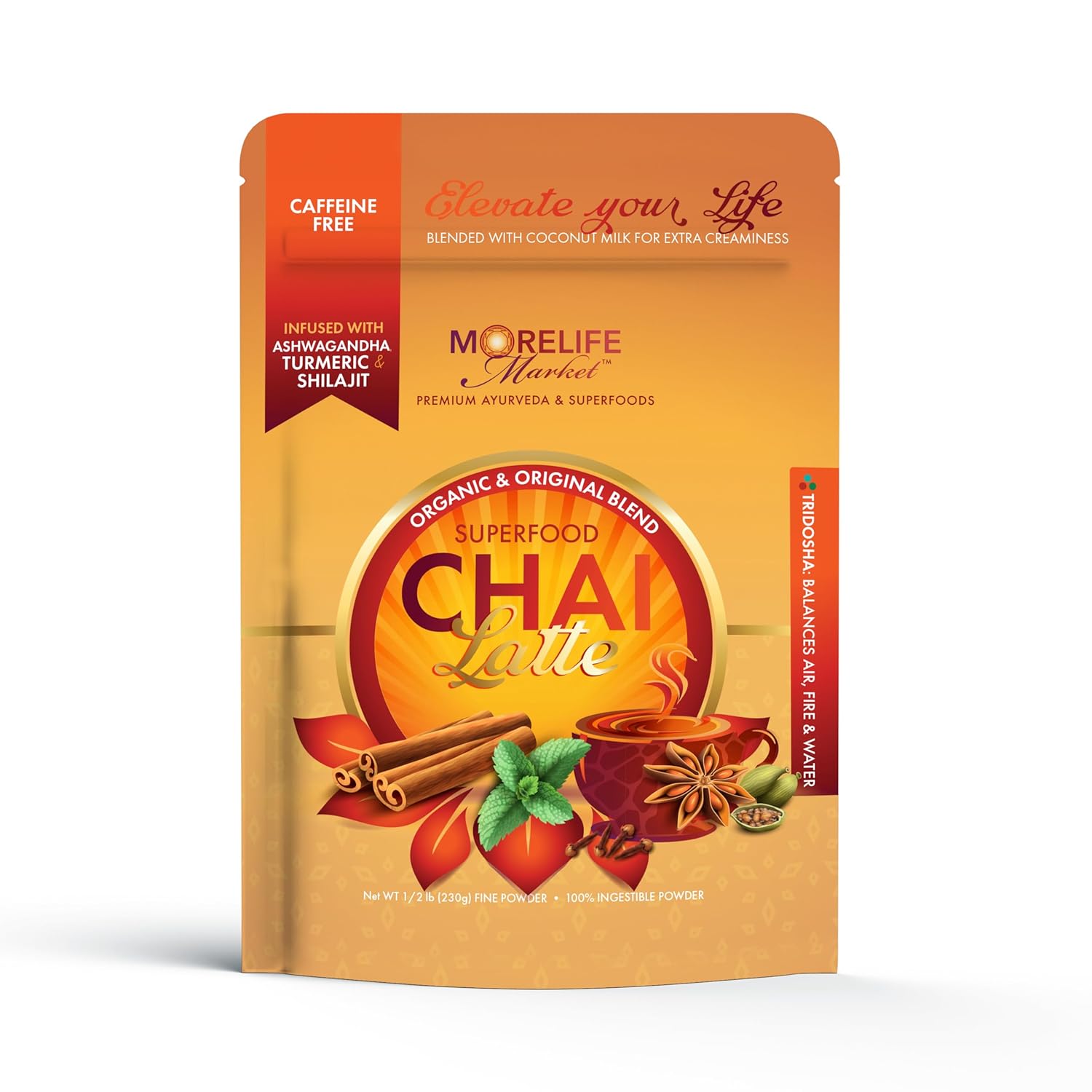 MoreLife Market Premium Superfood Chai Latte Tea | Caffeine-Free Ayurvedic Tea Powder for Immunity & Energy | Organic Turmeric & Shilajit Blend | Vegan, Non-GMO, Gluten-Free | 40+ Servings - 8oz