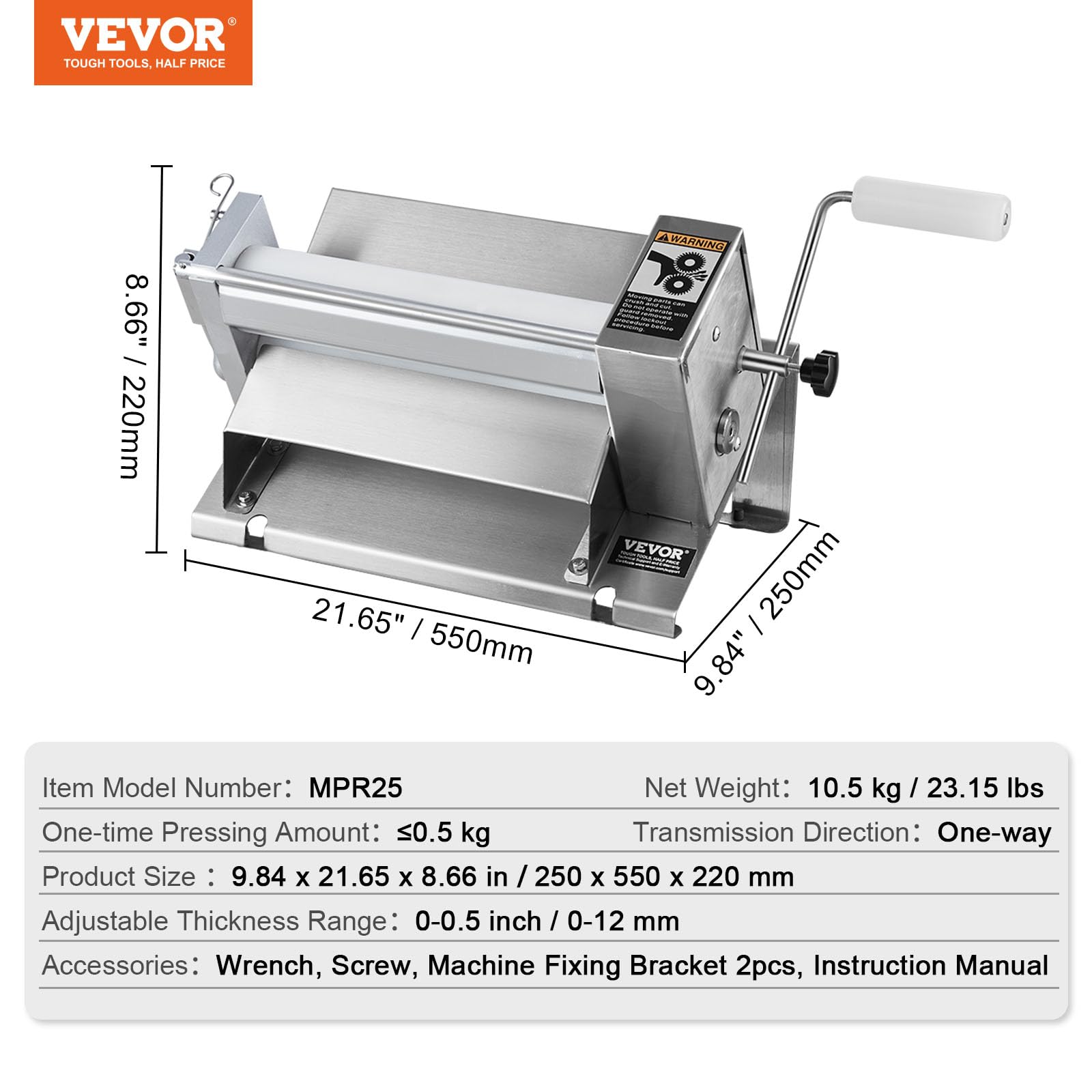 VEVOR Manuelle Teigausrollmaschine Ausrollmaschine Teigroller aus Edelstahl, abnehmbarer Griff, Platte, max. 12 mm einstellbare Dicke, für den Heimgebrauch oder kleine gewerbliche Küchen
